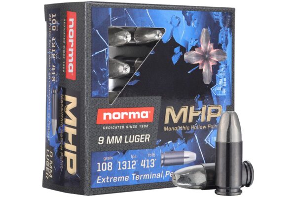 Norma Self Defense Ammo 9mm MHP 108gr Copper Hollow Point 1312 FPS 20/box