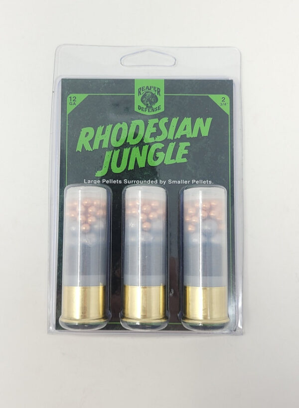 Reaper Defense Rhodesian Jungle 12 Gauge Ammunition 2-3/4" With Large Pellets Surrounded By Smaller Pellets 3 Rounds