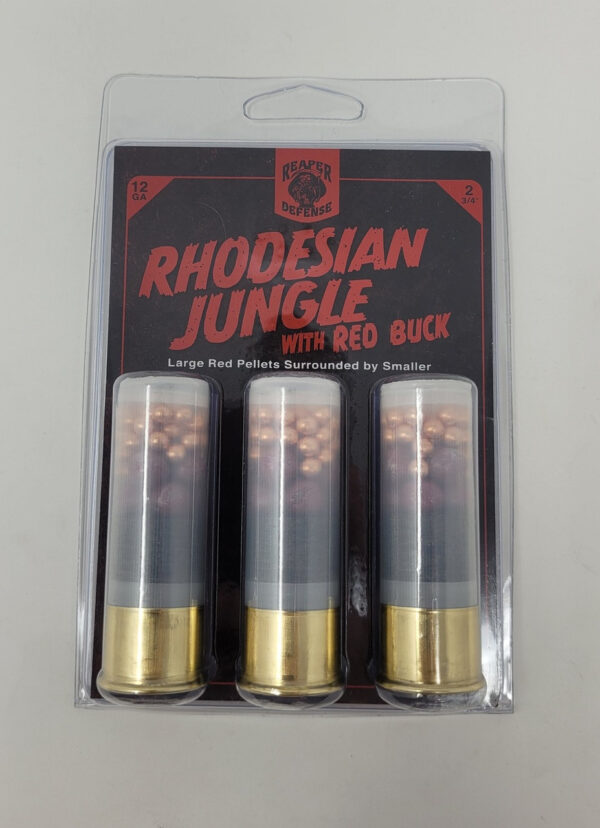 Reaper Defense Rhodesian Jungle Red 12 Gauge Ammunition  2-3/4" With Large Red Pellets Surrounded By Smaller Red Pellets 3 Rounds