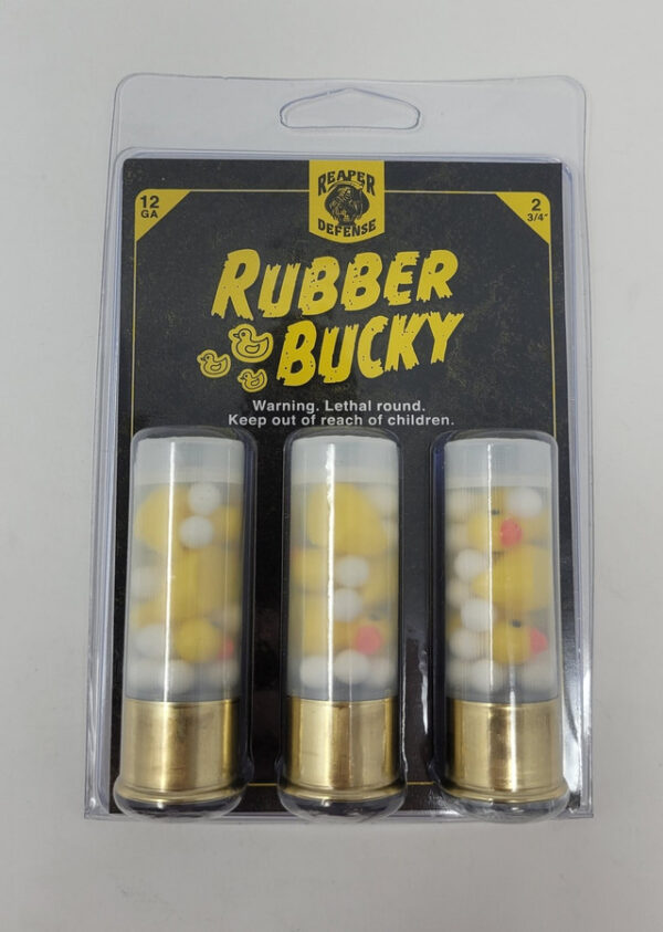 Reaper Defense Rubber Bucky 12 Gauge Ammunition 2-3/4"  3 - Resin Ducks 10 - Plastic Buckshot 3 Rounds